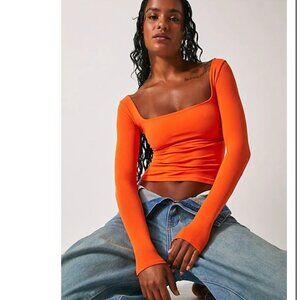Free People Intimately‎ Clean Square Neck Long Sleeve Top Orange Stretch M/L